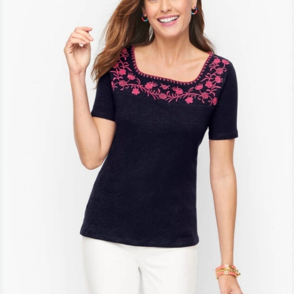 Talbots Cotton Slub Embroidered Tee Navy Blue Pink Square Neckline Size L Petite